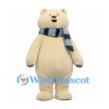 Polar Bear Mascot Costume in Cream with Blue Striped Scarf