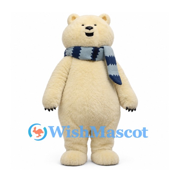 Polar Bear Mascot Costume in Cream with Blue Striped Scarf
