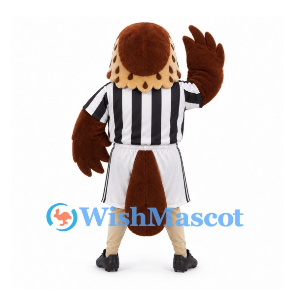 Hawk Mascot Costume in Brown with Black and White Striped Sports Uniform