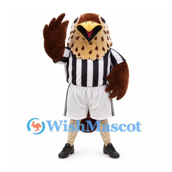 Hawk Mascot Costume in Brown with Black and White Striped Sports Uniform