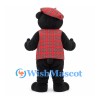 Bear Mascot Costume in Black and Tan with Red Plaid Vest and Cap