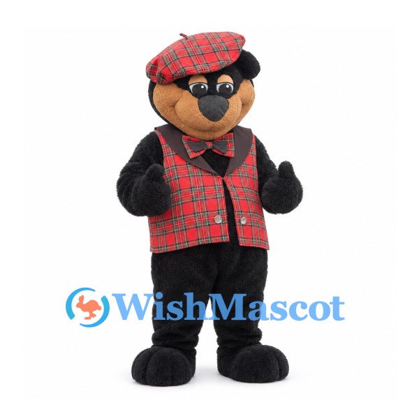 Bear Mascot Costume in Black and Tan with Red Plaid Vest and Cap
