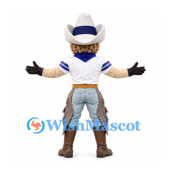 Cowgirl Mascot Costume in White Hat and Blue Scarf with Fringed Chaps