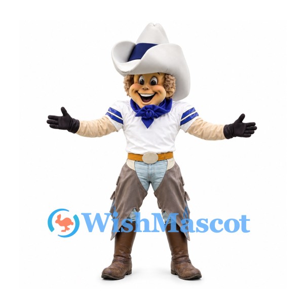Cowgirl Mascot Costume in White Hat and Blue Scarf with Fringed Chaps