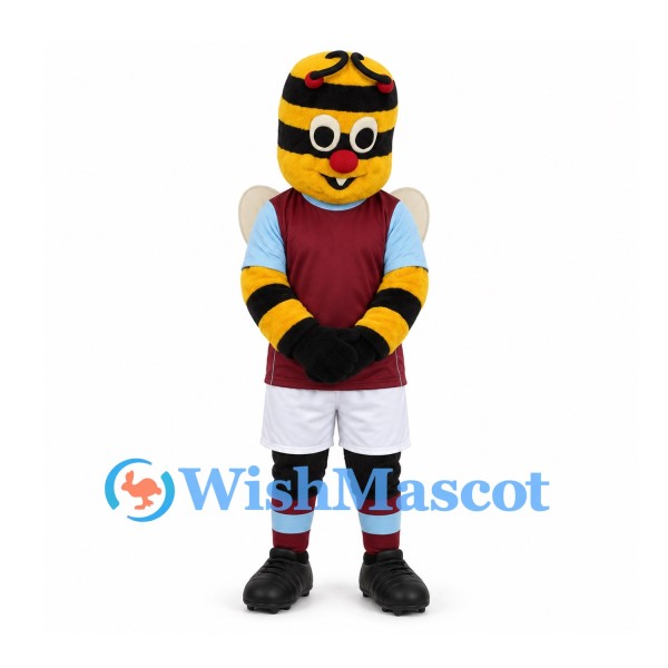 Bee Mascot Costume in Black and Yellow with Burgundy Sports Shirt