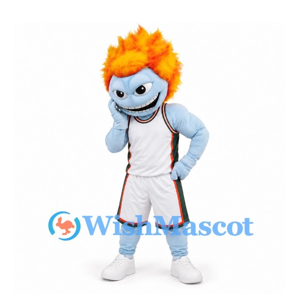 Flame Character Mascot Costume in Light Blue with Orange Hair and White Sports Uniform