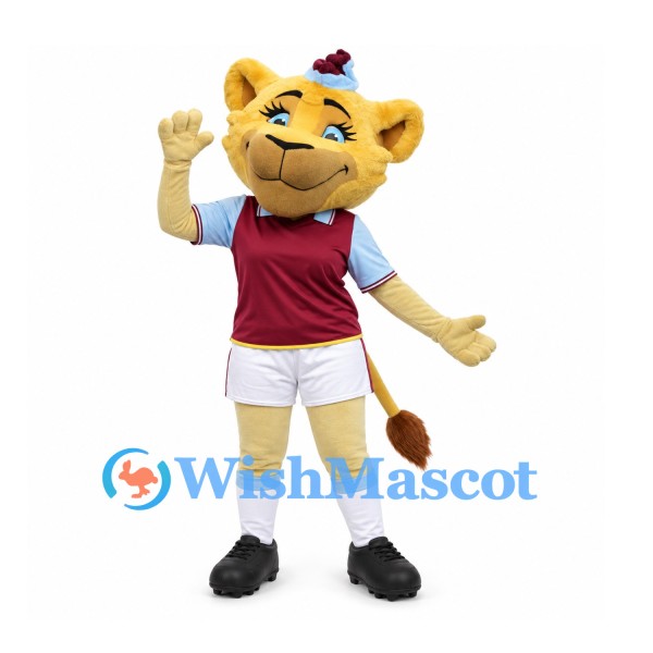Lion Mascot Costume in Yellow with Burgundy Shirt White Shorts and Party Hat