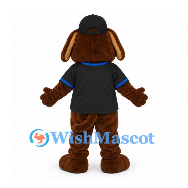 Dog Mascot Costume in Brown with Black Baseball Jersey and Cap