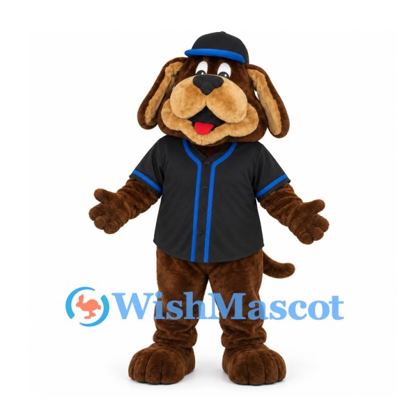 Dog Mascot Costume in Brown with Black Baseball Jersey and Cap