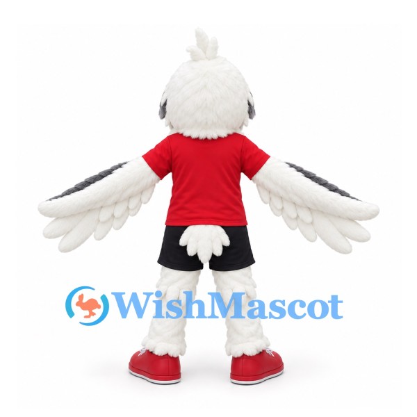 Owl Mascot Costume in White with Red Sports Shirt and Black Shorts