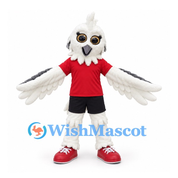 Owl Mascot Costume in White with Red Sports Shirt and Black Shorts