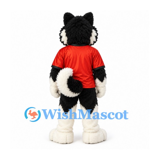 Wolf Mascot Costume in Black and White with Red Shirt