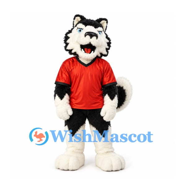 Wolf Mascot Costume in Black and White with Red Shirt