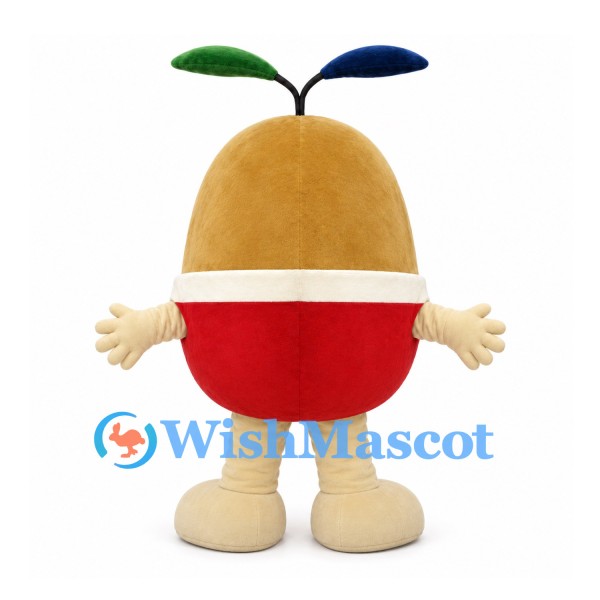 Seed Character Mascot Costume in Tan and Red with Two Top Leaves