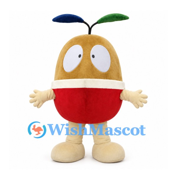 Seed Character Mascot Costume in Tan and Red with Two Top Leaves