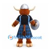 Bull Mascot Costume in Brown with Viking Helmet and Blue Tartan Kilt