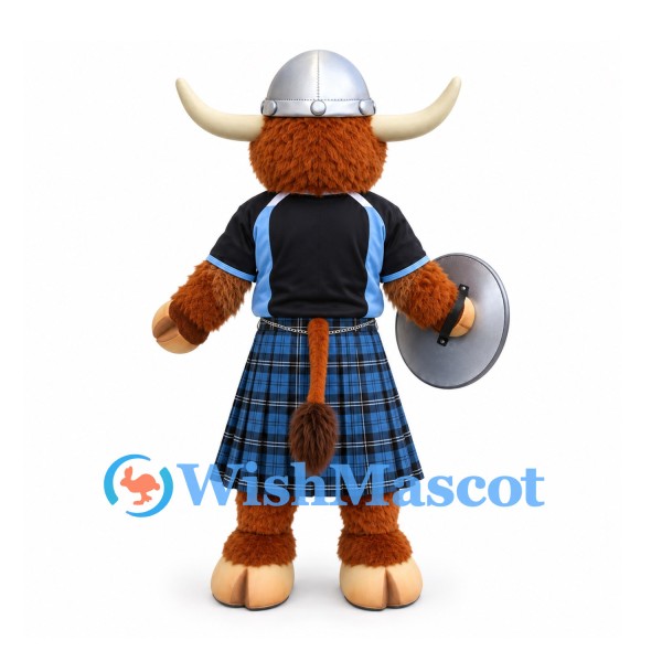 Bull Mascot Costume in Brown with Viking Helmet and Blue Tartan Kilt