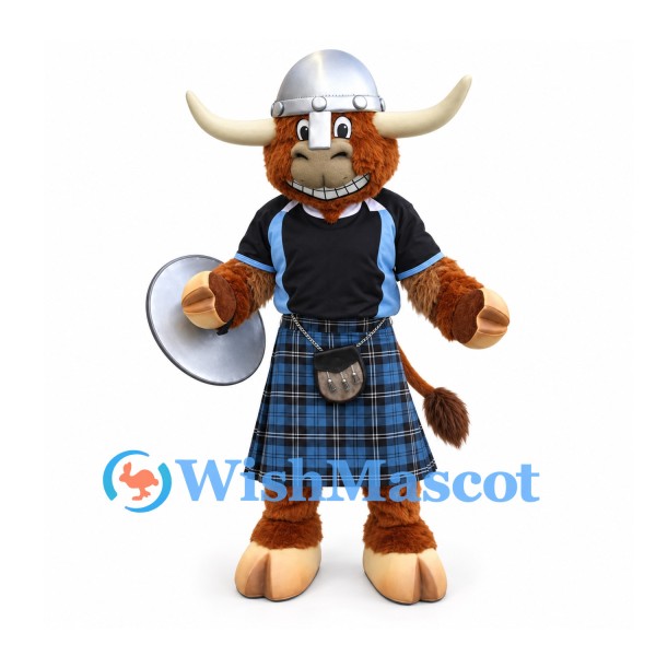 Bull Mascot Costume in Brown with Viking Helmet and Blue Tartan Kilt