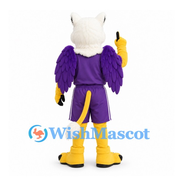 Griffin Mascot Costume in White and Yellow with Purple Sports Uniform