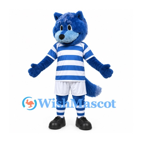 Cat Mascot Costume in Blue with Striped Shirt and White Shorts