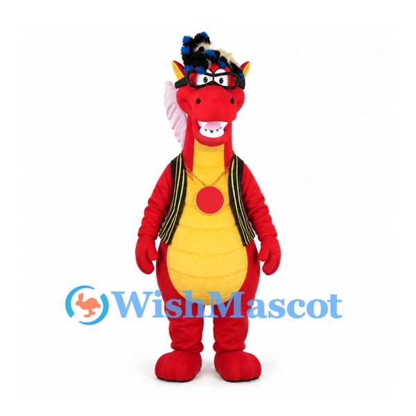 Dragon Mascot Costume in Red with Yellow Belly and Black Costume Accessories