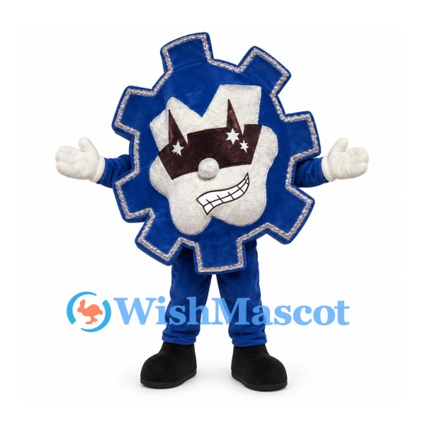 Gear Mascot Costume in Navy with Crown Sunglasses and Grinning Face