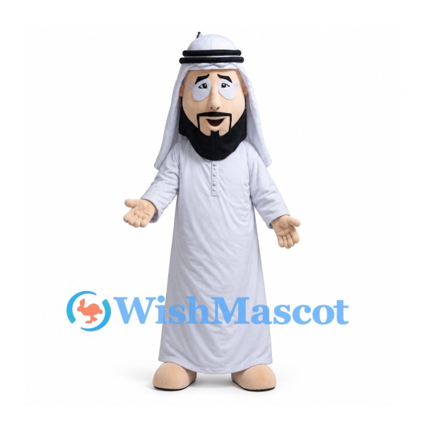 Man Mascot Costume with Black Beard White Robe and Headscarf