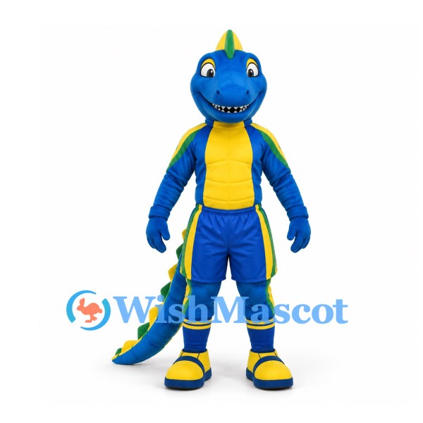 Dragon Mascot Costume in Blue with Yellow Belly and Green Spines