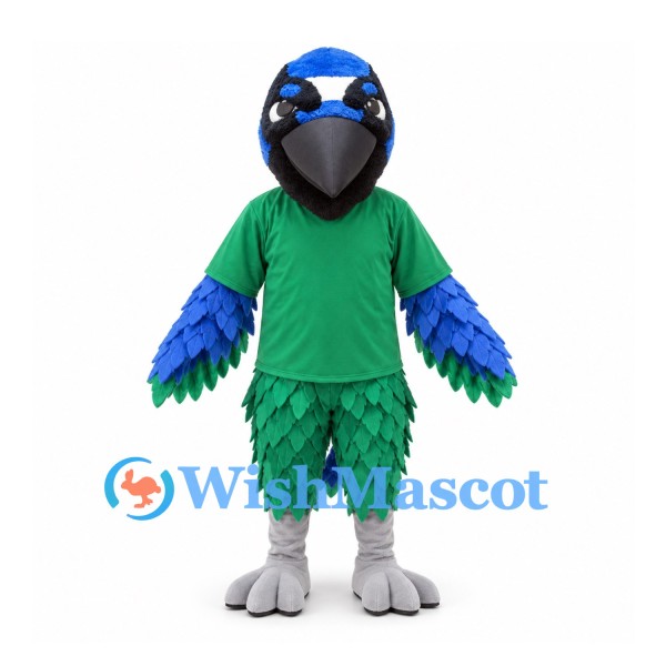 Bird Mascot Costume in Blue and Green with Green Shirt and Layered Feathers