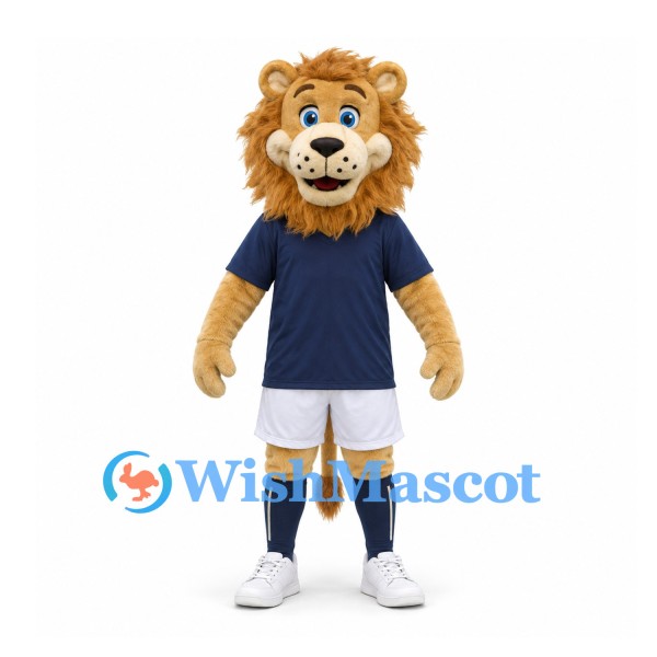 Lion Mascot Costume in Gold with Navy Shirt and White Sports Shorts