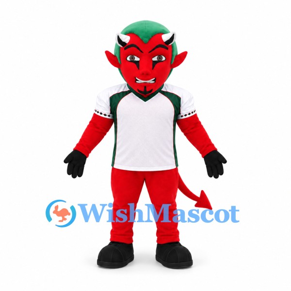 Devil Mascot Costume in Red with Green Hair and White Sports Shirt