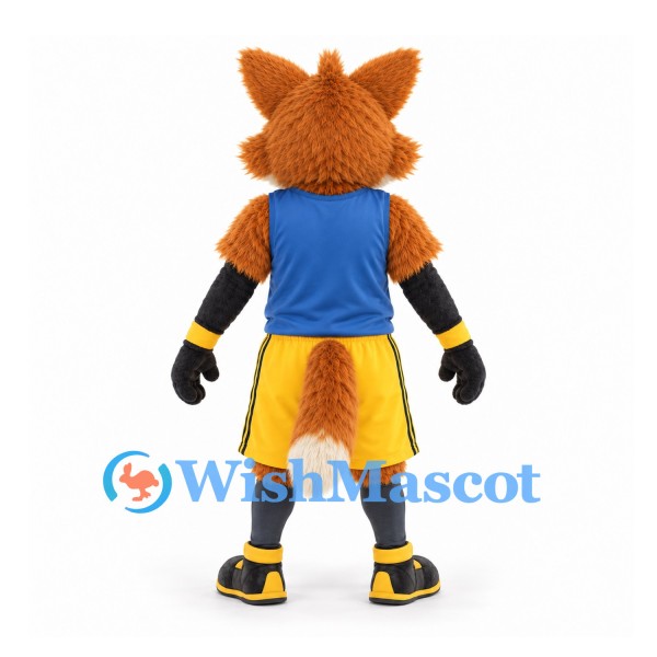 Fox Mascot Costume in Orange with Blue Shirt and Yellow Shorts