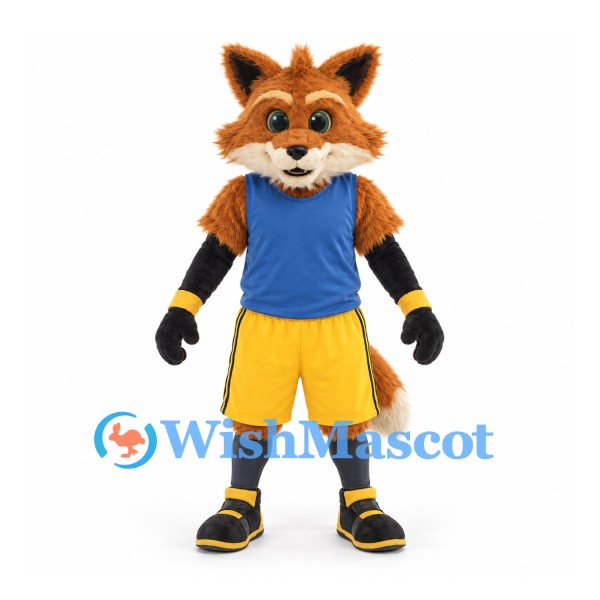 Fox Mascot Costume in Orange with Blue Shirt and Yellow Shorts