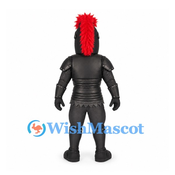 Knight Mascot Costume in Black Armor with Red Helmet Plume