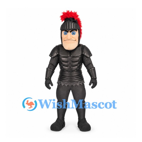 Knight Mascot Costume in Black Armor with Red Helmet Plume