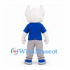 Cat Mascot Costume in White with Blue Shirt and Gray Trousers