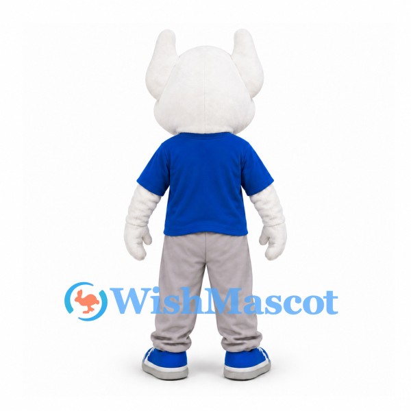 Cat Mascot Costume in White with Blue Shirt and Gray Trousers