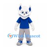 Cat Mascot Costume in White with Blue Shirt and Gray Trousers