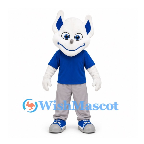 Cat Mascot Costume in White with Blue Shirt and Gray Trousers