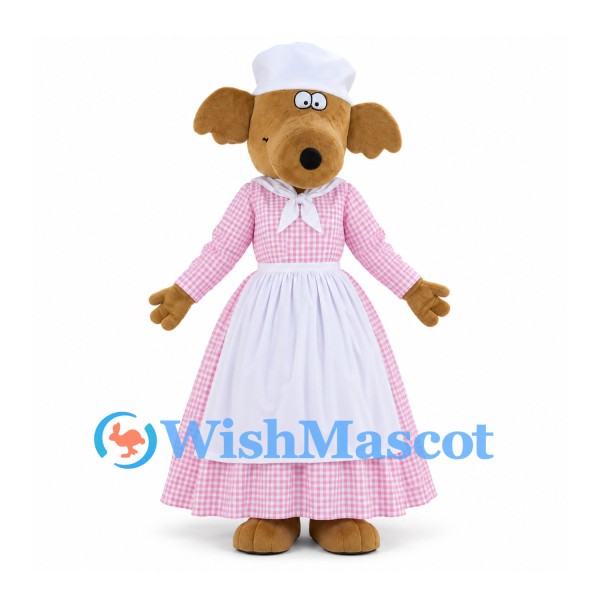 Dog Mascot Costume in Brown with Pink Gingham Dress and White Apron