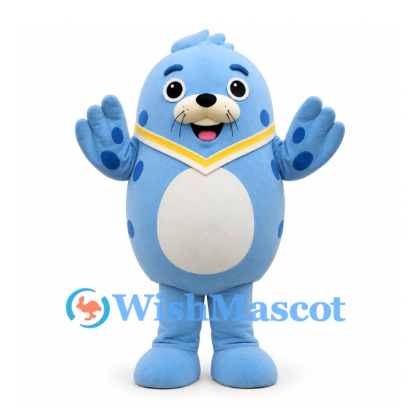 Seal Mascot Costume in Blue with Cream Belly and Yellow Neck Trim