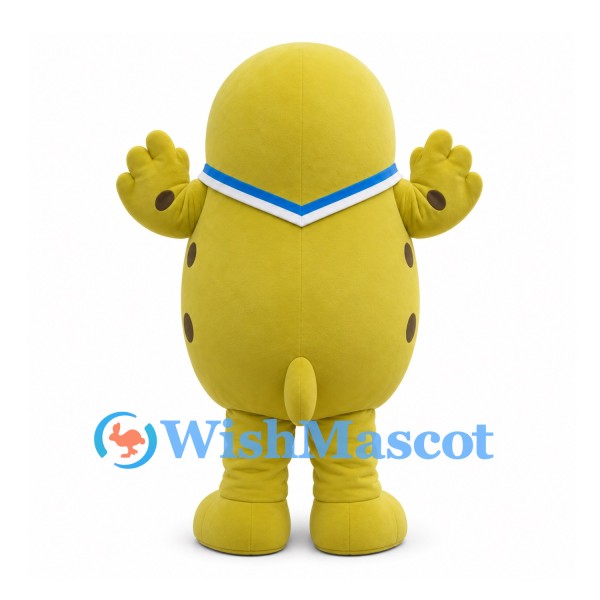 Seal Mascot Costume in Yellow with Dark Spots and Blue Neck Trim