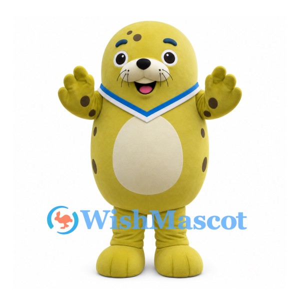 Seal Mascot Costume in Yellow with Dark Spots and Blue Neck Trim