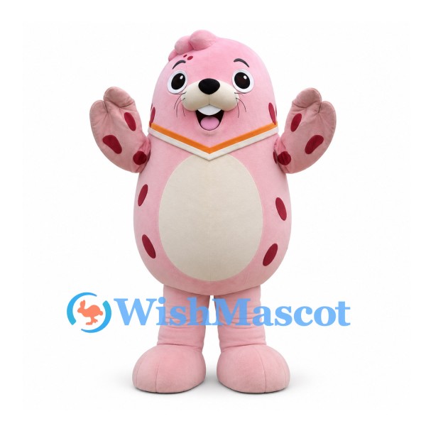 Seal Mascot Costume in Pink with Dark Spots and Orange Neck Trim