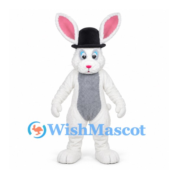 Rabbit Mascot Costume in White with Black Top Hat