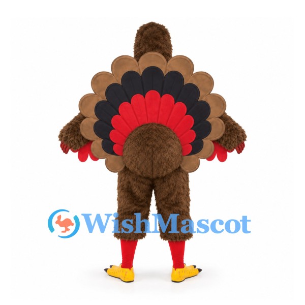 Turkey Mascot Costume in Brown and Red with Large Layered Fan Tail