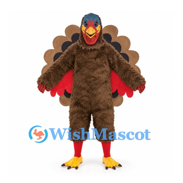 Turkey Mascot Costume in Brown and Red with Large Layered Fan Tail