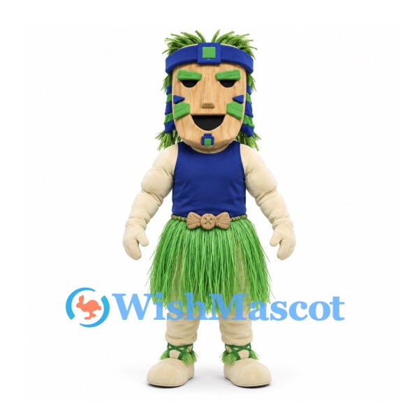 Tiki Character Mascot Costume with Green Grass Skirt and Leaf Hair