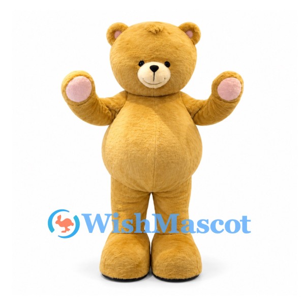 Bear Mascot Costume in Gold with Cream Belly and Pink Paw Pads
