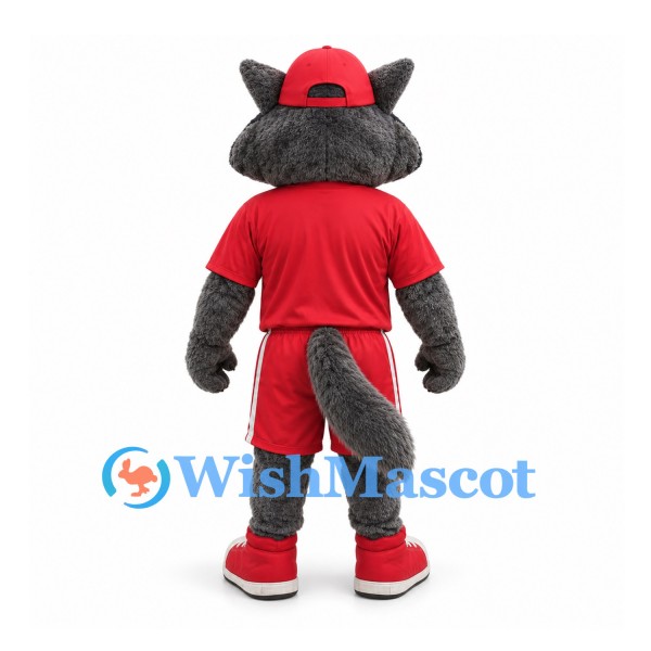Wolf Mascot Costume in Gray with Red Sports Uniform and Cap
